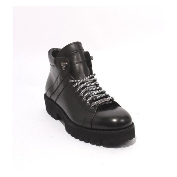 Roberto Serpentini 59500 Black Leather Fleece Lace-Up Ankle Boots